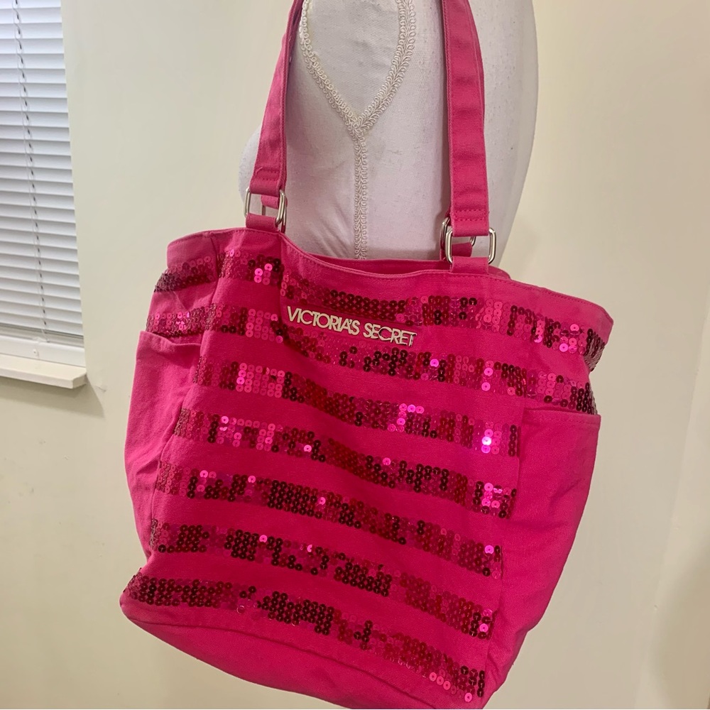 Victoria's Secret Hot Pink Sequin Stripe Tote Bag Weekender Beach Bag Y2K